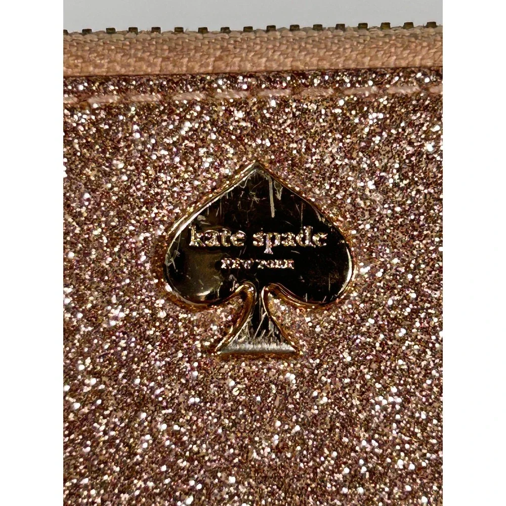 Kate Spade Rose Gold Glitter Zip Cosmetic Pouch Makeup Bag Polka Dot Lining